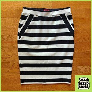 Elle Striped Pencil Bodycon Skirt XS Black White Pockets Stretchy Summer Preppy